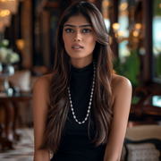 A woman wearing a black top and the Celestial Cascade Long Silver Necklace, which features a series of lab-grown stones in oval and rectangular shapes cascading down.